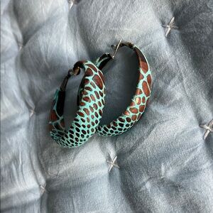 Handcrafted Large Turquoise and Brown Leather Painted Hoop Earrings